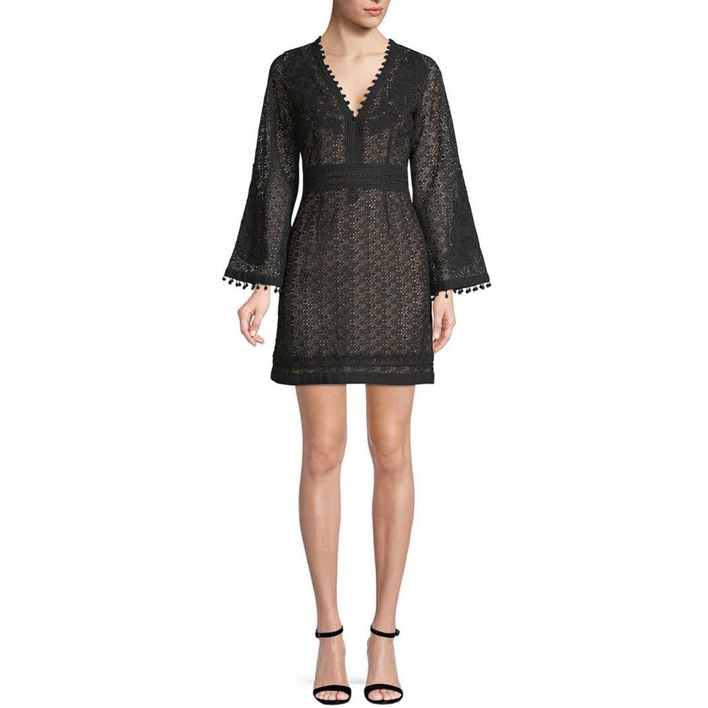 The Kooples Black Embroidered V-Neck long sleeve Mini dress size XS. NWOT